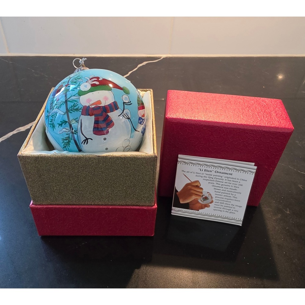 Vintage Pier 1 Li Bien Snowman and Kids Glass Ornament, Inside Hand Painted